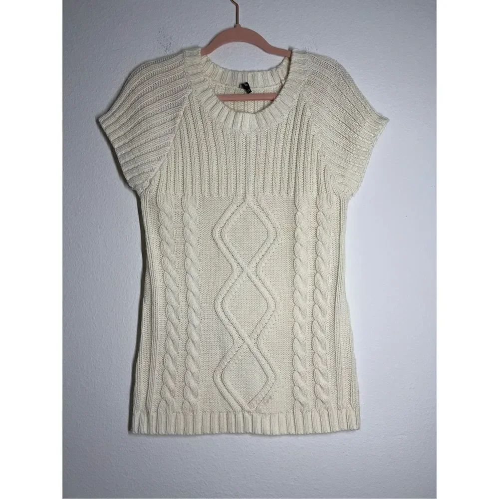 Twilight Short Sleeve Ivory Cream Cable Sweater Dress Size L